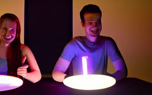 Image similar to two anthropomorphic plasma ball lamps having an awkward dinner date