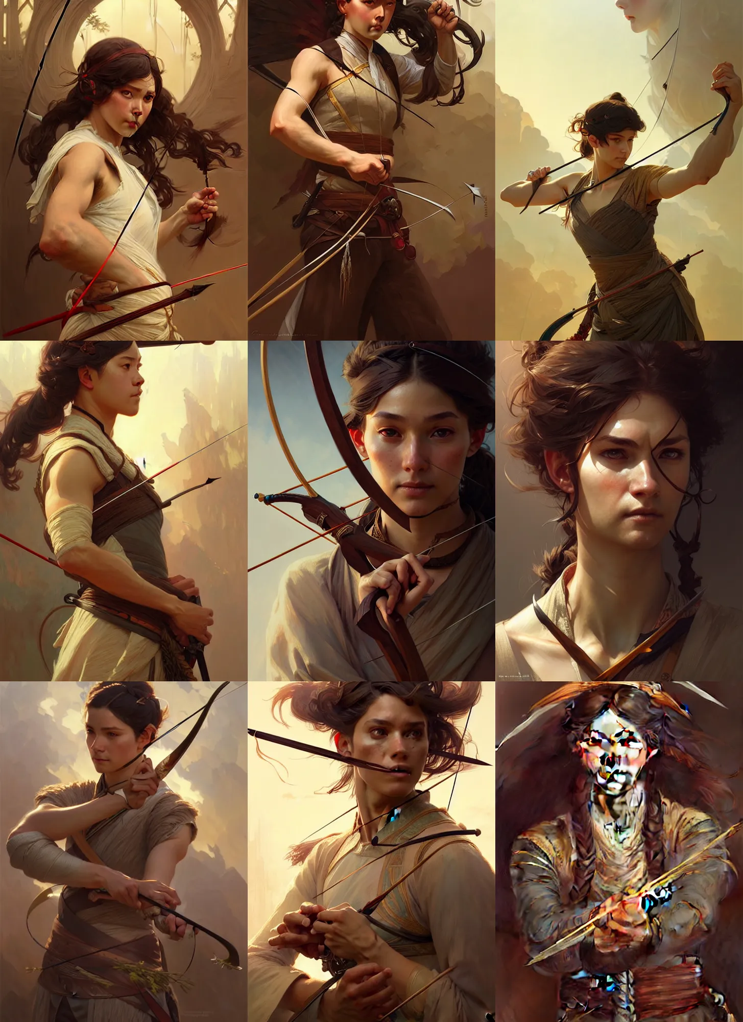 Image similar to portrait of an archer, sharp focus, illustration, highly detailed, digital painting, concept art, matte, art by wlop and artgerm and greg rutkowski and alphonse mucha, masterpiece