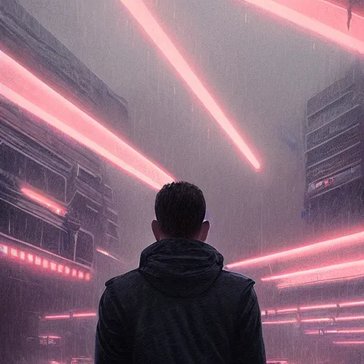 Image similar to portrait of a man by Greg Rutkowski, lee madgwick and hubert robert, VR headset, blade runner style, neon glow, vivid color, moody lighting, unreal engine, sunrise, epic skies, foggy