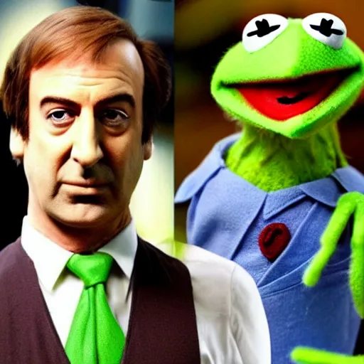 Prompt: Kermit The Frog with Saul Goodman
