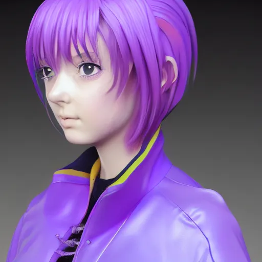 Image similar to portrait of a anime girl with purple jacket design by antonio mello, character modeling, toy design, substance 3 d painter, blender, mental ray, zbrush, soft vinyl, bio luminescent, maximalist sculpted design portrait, studio photo, 7 0 mm lens, trending in artstation