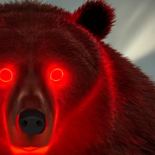 Image similar to a bear with red glowing eyes. angry. in a dark sourrounding. unreal engine 5. hd