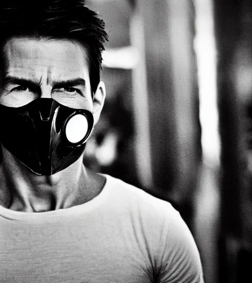 Prompt: Tom cruise wearing partial broken ironman mask only in pain and anger deep dark backlit night technoir cinematic monochromatic portrait photo by Leica Zeiss in detailed depth of field lens flare trending on Flickr realistic hd by frank Miller