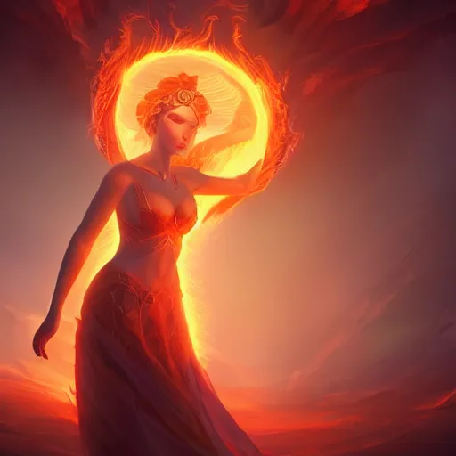 Image similar to beautiful goddess of fire stands in her power in a vortex of flame, 8k resolution matte fantasy painting, cinematic lighting, DeviantArt Artstation, by Ross Tran