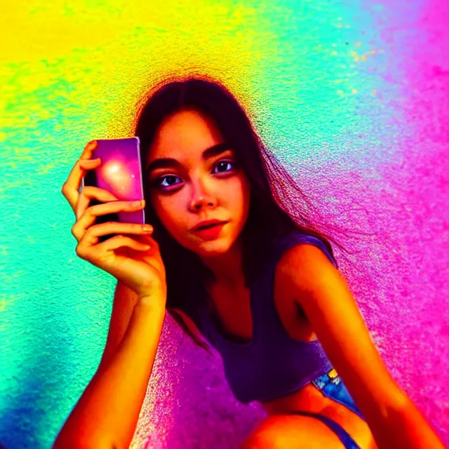 Image similar to a photo hot summer selfie one pretty girl instagram vibecheck face portrait bright colorful space love happy realistic cinematic lighting ultra detailed hyper realism photorealistic octane