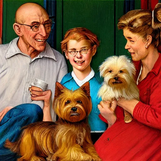 Prompt: happy family of a middle aged wife and husband with a teen blonde daugther on a sunny porch; the daughter holds a Yorkshire Terrier, painted by Norman Rockwell