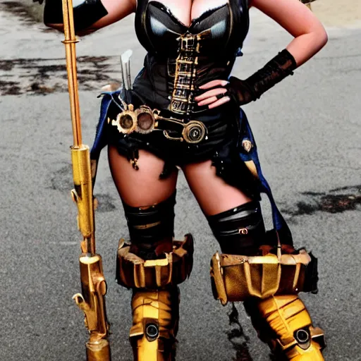 Prompt: full body photo of kate upton as a steampunk amazon warrior