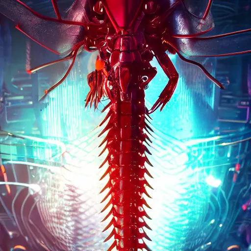 Image similar to a cyberpunk shrimp god villain, studio, studio background, sharp focus, dynamic lights, still, photograph, hyper realistic, masterpiece, digital, octane render, rendered, 3 d, blender, 3 d software, cinematic, cinematic lighting, dramatic lighting, dramatic