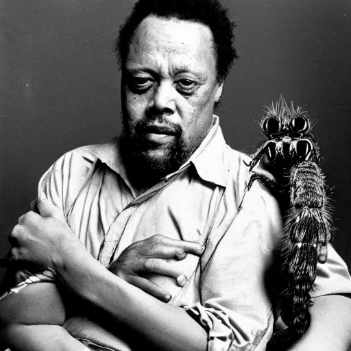 Prompt: charles mingus cradling a big hairy spider, professional photograph