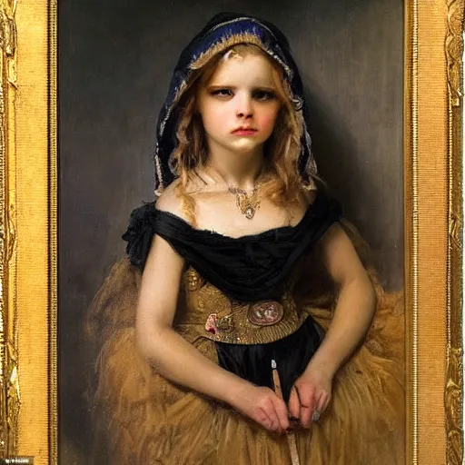 Prompt: portrait of a young girl covered in scars wearing a black hood, the young girl looks angry and seems to look for revenge, extremely detailed painting by gaston bussiere and j. c. leyendecker 8 k