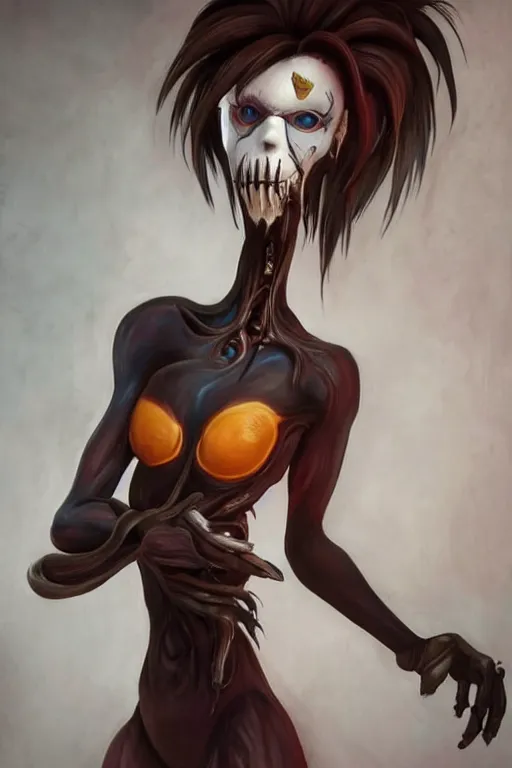 Image similar to dark full body painting of tracer from overwatch, in style of zdzisław beksinski, scary, horror, 4 k, feminine facial features, overwatch tracer character, horror, body horror, disturbing, detailed face, dressed in dark garment, black tendrils, tall, long legs,