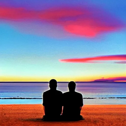 Image similar to 2 men watching the beautiful sunset together by the beach, by greg rutowski, muted colors