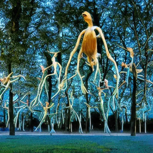 Prompt: A beautiful art installation of a group of creatures that looks like a mix of different animals. Most of the creatures have human-like features, such as arms and legs, and some are standing upright while others are crawling or flying. flax, blue hour by Pipilotti Rist geometric