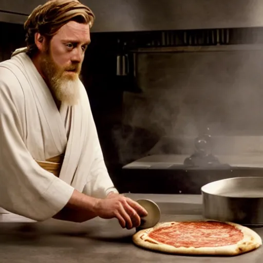 Prompt: A still of Alec Guinnes as Obi-Wan Kenobi making a pizza, 4k, photograph, ultra realistic, highly detailed, professional lighting