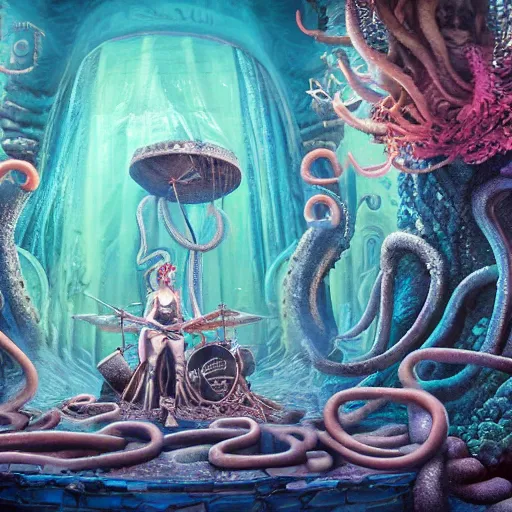 Image similar to dystopian fantasy undersea rock concert. On stage, the drummer is squid woman with tentacles playing a big rock&roll drum kit, by Philipp A. Urlich and Pengzhen Zhang an Andreas Rocha, fantasy, intricate, elegant, highly detailed, digital painting, artstation, blender, unreal engine 5, octane render, smooth, sharp focus, illustration