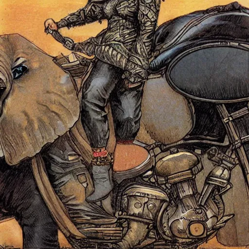 Image similar to elephant riding a motorcycle, art by rebecca guay