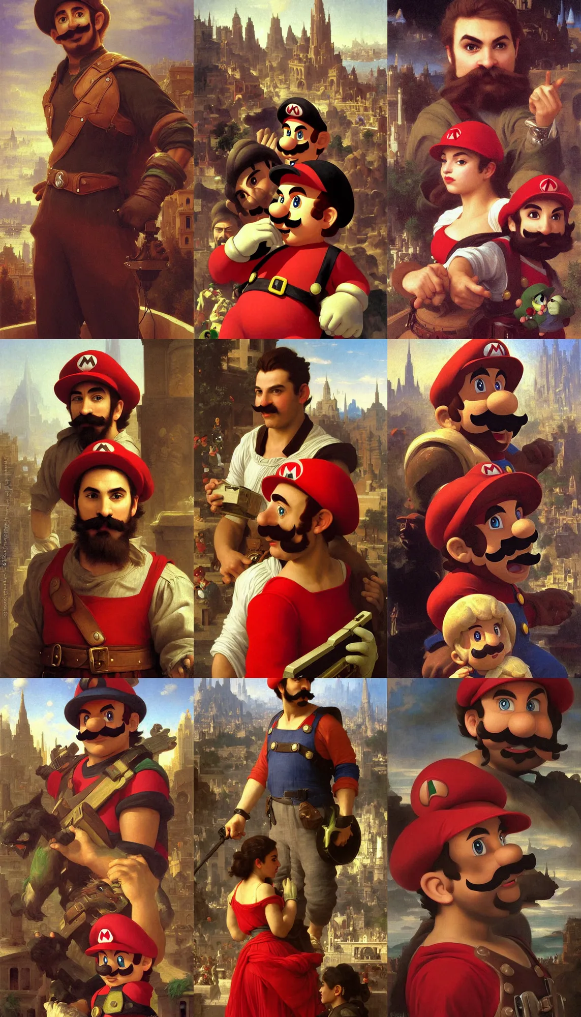 Prompt: portrait of mario bros!!!!!!!!!!!!!!!!!!!!!!!!!!!, detailed face, detailed painting, city background, epic scene, epic lighting, by bouguereau