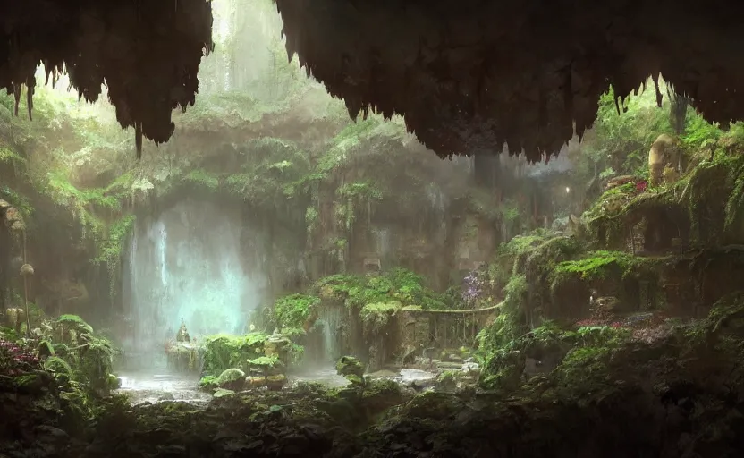 Prompt: painting of an interior of a hidden hotspring in a small cave, fantasy, lush plants and flowers, natural light, concept art, by greg rutkowski and craig mullins, cozy atmospheric and cinematic lighting, trending on artstation