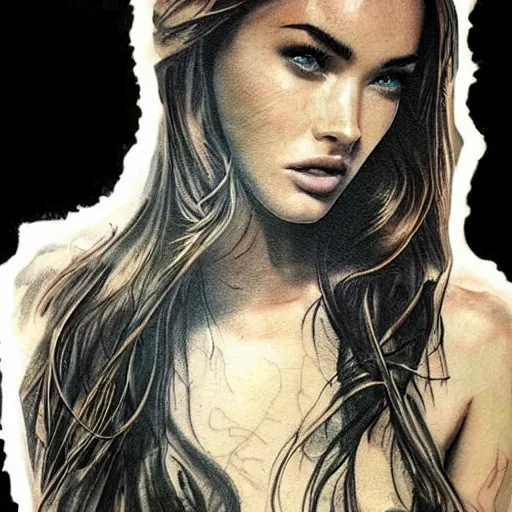 Prompt: tattoo design sketch with double exposure effect, megan fox face faded with beautiful mountain scenery, in the style of matteo pasqualin, amazing detail, mash up