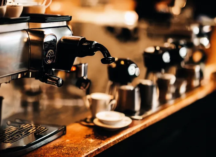 Image similar to a 2 8 mm macro photo from the back of a barista standing at the espresso machine in a cozy cafe, splash art, movie still, bokeh, canon 5 0 mm, cinematic lighting, dramatic, film, photography, golden hour, depth of field, award - winning, anamorphic lens flare, 8 k, hyper detailed, 3 5 mm film grain, hazy