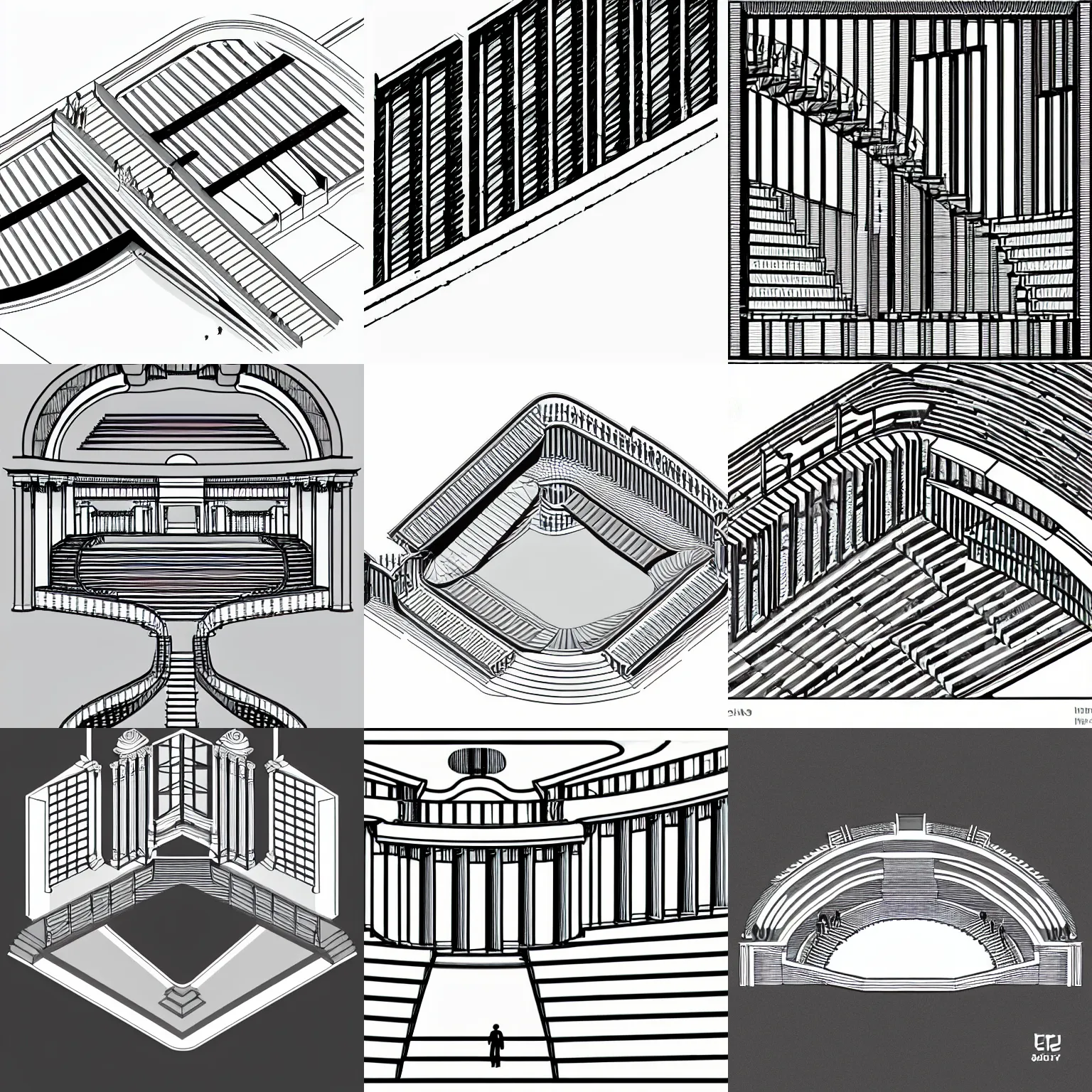 Prompt: a stephen biesty isometric cross - section through stairs of simplified!! smooth grey shaded ancient amphitheater, line drawing logo in the style of pavlov visuals, precise!! vector trace, black and white, extra - wide shot, occlusion, white background