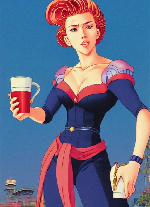 Image similar to realistic portrait of scarlett johansson as a sailor moon, making the coffee, early morning, light falling on face, futuristic, highly detailed, 8 0 - s style poster, sharp focus, illustration, art by kawase hasui,