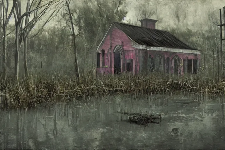 Image similar to scene fromlouisiana swamps, old protestant church with neon cross, junkyard by the road, boy scout troop, voodoo artwork by tim eitel