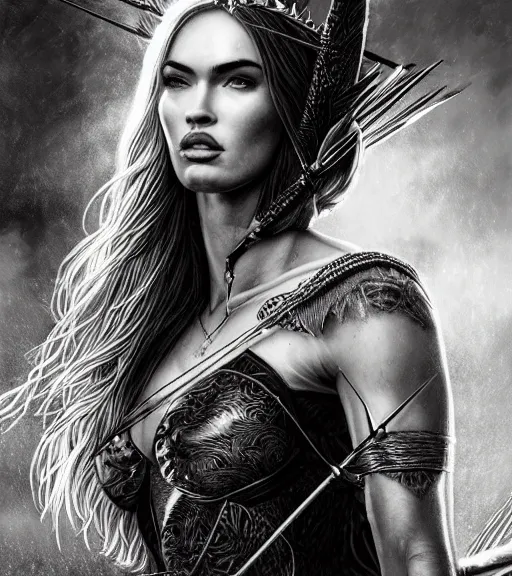 Image similar to portrait of megan fox as beautiful aphrodite goddess as an archer, arrow crown, beautiful piercing eyes, flowing blonde hair, realistic face, black and white drawing, in the style of greg rutkowski, fantasy, amazing detail, epic, intricate, elegant, smooth, sharp focus