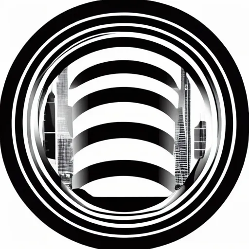 Image similar to a perfect circle, around the outer edge of the circle is the silhouette of a city skyline, inside the circle is empty, black and white, minimalist, in the style of a line drawing