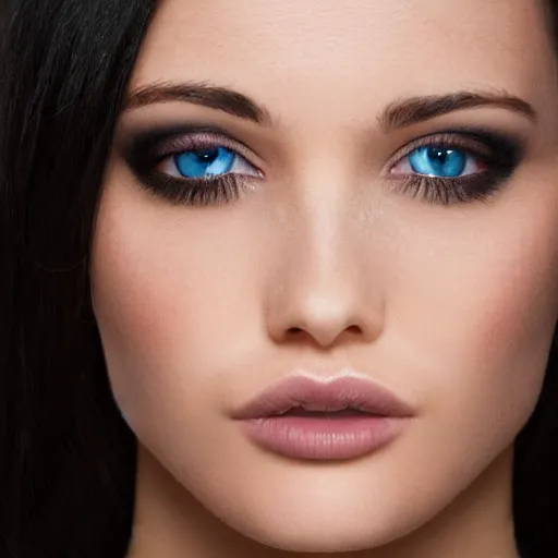 Image similar to raven haired seductive woman with stunning light eyes with a beautiful face, thin nose, fair skin, soft skin, long neck, wearing a tube top
