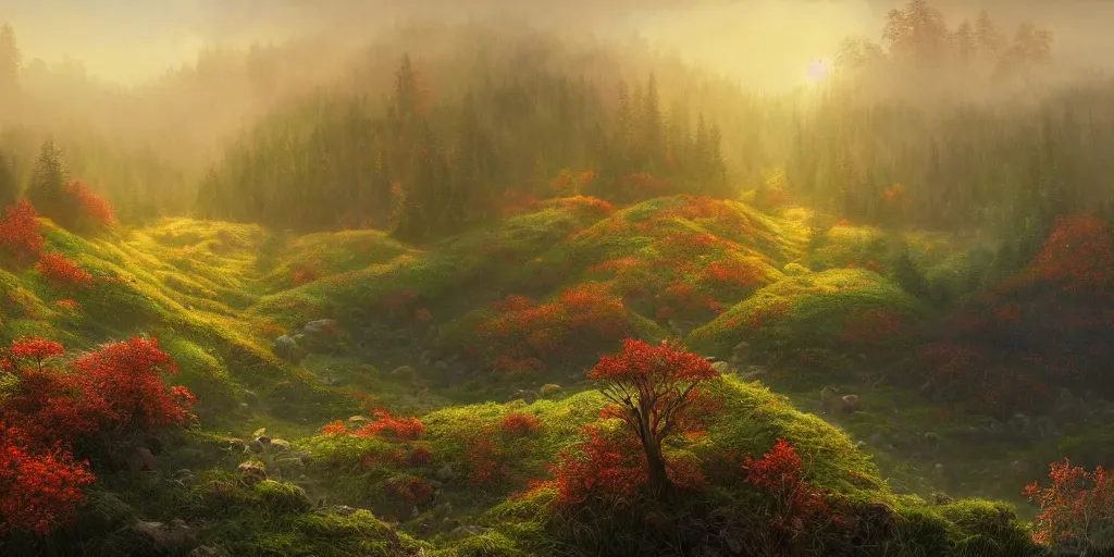 Image similar to Beautiful hyperrealistic detailed matte painting of a Landscape of dense colorful heaths on a huge clearing on the lost Vibes in the foreground and band of mountains overwhelmed in the forest in the background, in the morning on autumn, cold, light fog, by andreas rocha and john howe, and Martin Johnson Heade, featured on artstation, featured on behance, golden ratio, ultrawide angle, f32, well composed, cohesive.69:1