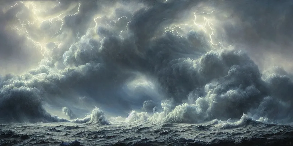 Image similar to stunning painting of a stormy sea with giant waves and lightning, by ellen jewett, by tomasz alen kopera, by Justin Gerard, ominous, magical realism, texture, intricate, volumetric lighting, high details