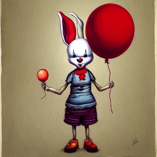 Prompt: grunge cartoon painting of a bunny with a wide smile and a red balloon by chris leib, loony toons style, pennywise style, horror theme, detailed, elegant, intricate