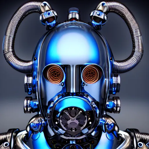 Prompt: portrait photo of a silver and blue glossy metallic futuristic steampunk robot head with mulitcolored gears and tubes and cables, crisp, fluorescent colors, insanely detailed, 3 d render, unreal engine