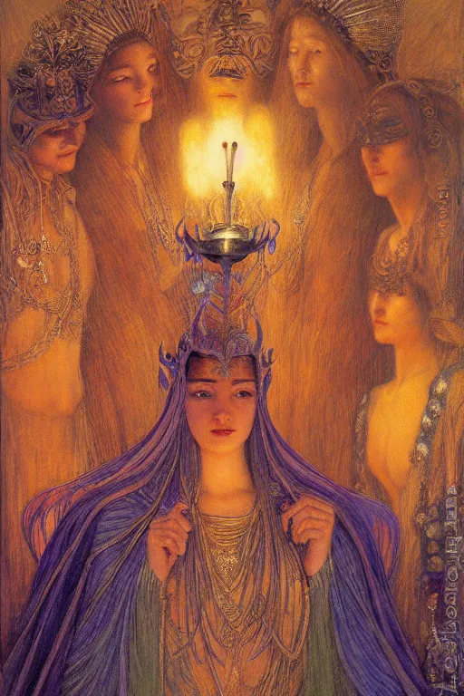 Image similar to queen of twilight with her lantern, by jean delville and Annie Swynnerton and Diego Rivera and Gaston Bussière and Tino Rodriguez , elaborate headdress and embroidered velvet, iridescent beetles, rich color, dramatic cinematic lighting, extremely detailed