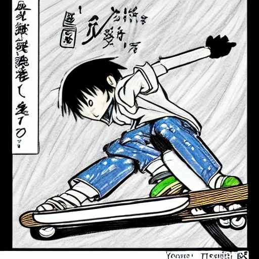 Prompt: a manga drawing of Kirua skating a skateboard, by Yoshihiro togashi