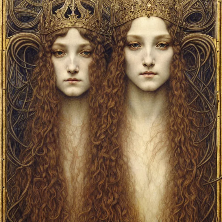 Image similar to detailed realistic beautiful young medieval queen face portrait by jean delville, gustave dore and marco mazzoni, art nouveau, symbolist, visionary, gothic, pre - raphaelite. horizontal symmetry