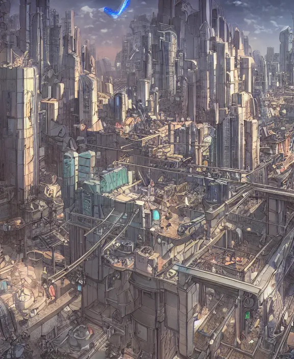 Prompt: a detailed manga style illustration of a subterranean city, by moebius and stephan martiniere, 4 k resolution, detailed, unreal engine, octane render, trending on artstation