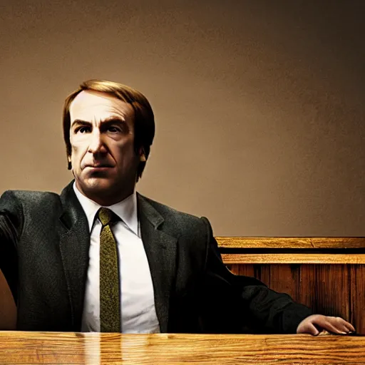 Prompt: saul goodman doing a kickflip across the judge's desk, movie film still, hq, hdr