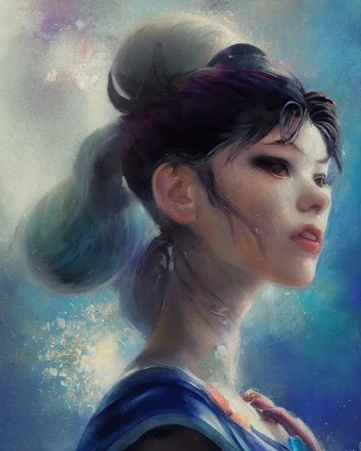 Prompt: a beautiful painting of sailor moon as a real girl, sailor moon hairstyle, oriental tattoos, realism, kawaii, ethereal, by jeremy mann and greg rutkowski, dramatic earth colors, few vivid blue highlights, trending on artstation, pixiv, oil on canvas