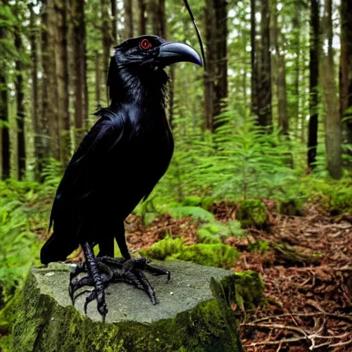 Image similar to anthropomorphic crow werecreature, photograph captured in a forest