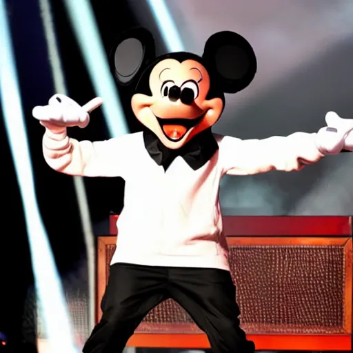 Image similar to kendrick lamar brings out goofy from mickey mouse on stage to rap