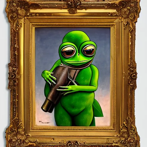 Image similar to pepe the frog in ww 1 military parade, schirmmutzen, pickelhaube, expressive oil painting in style of sandro botticelli and leonardo da vinci, uncropped