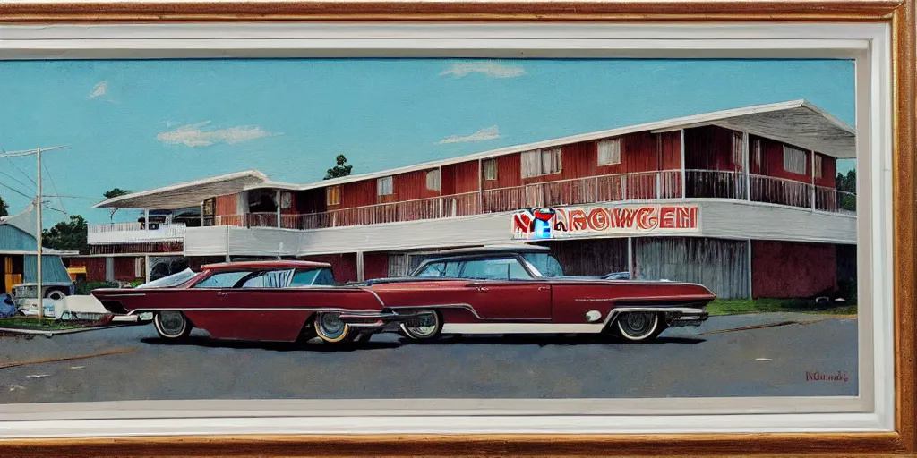 Prompt: 1 9 6 0 s americana painting of a motel with a car parked outside by norman rockwell, panovision