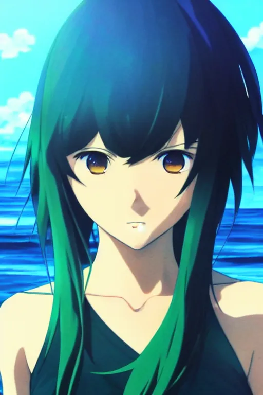 Image similar to makoto shinkai, artgerm, ilya kuvshinov, beautiful anime women with green dress, long blue hair, water powers water swirling, symmetrical face, symmetrical eyes, detailed, beach setting, cinematic lighting