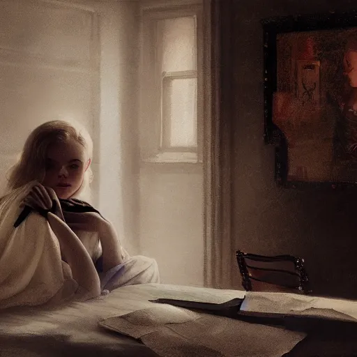 Prompt: Elle Fanning in a dark room, artstation, by Norman Rockwell, Extremely detailed. 4K. Award winning.