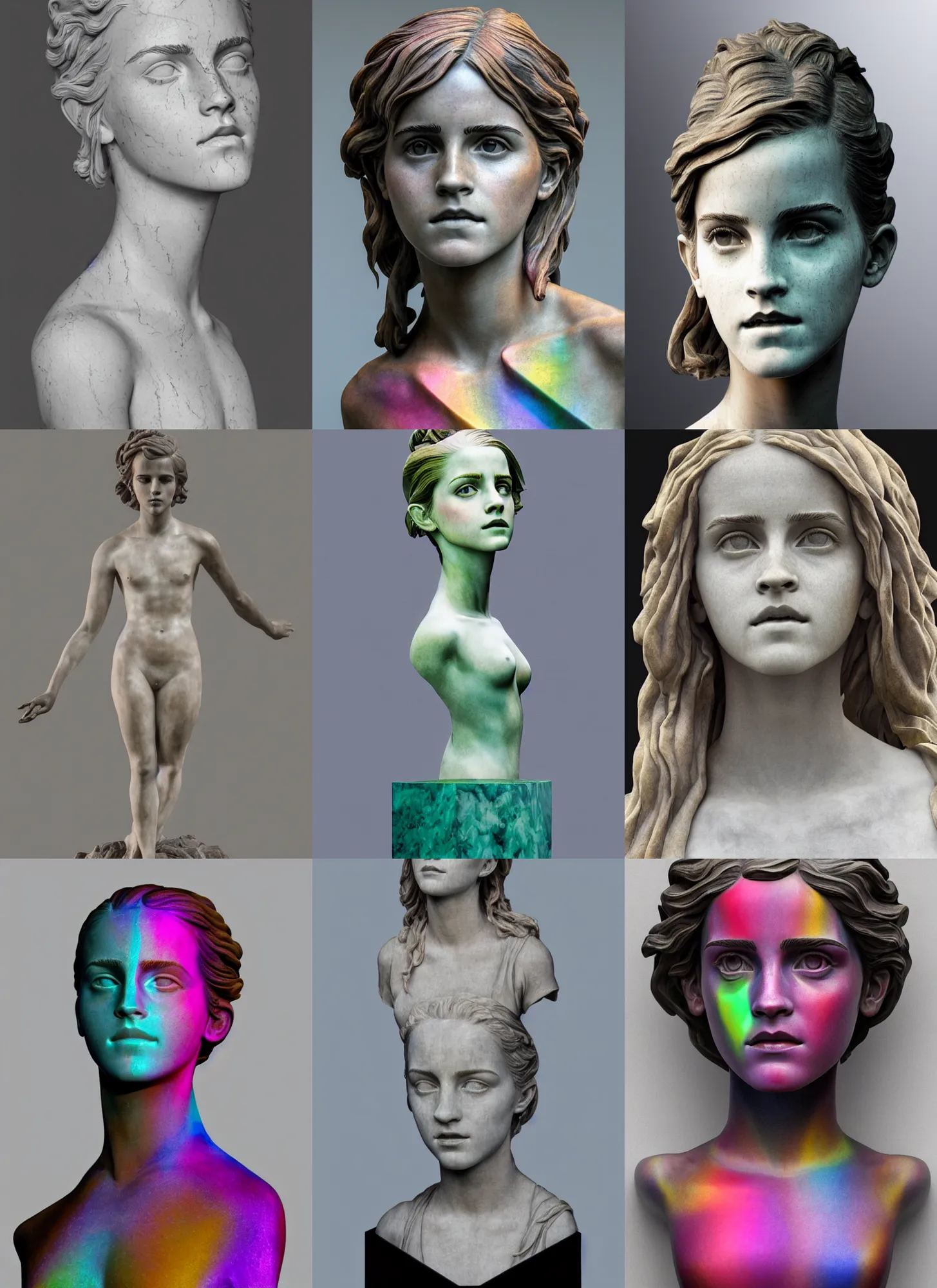 Prompt: sculpture statue of Emma Watson by Jean-Baptiste Carpeaux and Luo Li Rong and Michael James Talbot, all body, very emotional screaming expressions, perfect symmetrical face, psychedelic colors, rainbow glass shining marble, in full growth, elegant, realistic, 8K, female full-skin figure, hyperrealism, subsurface scattering, raytracing, rim light, Octane Render, Redshift, Zbrush, retrowave synthwave glitch posteffects