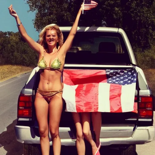 Prompt: photo of woman in the back of a pickup truck wearing bikinis drinking beer waving the american flag. sigmund freud is also in the back.