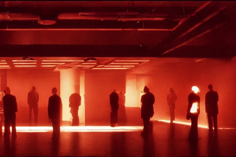 Image similar to a dark conference hall, half - occupied with people, atmospheric and obscure, red neon light, by roger deakins, cinematography, syd mead, dave mckean