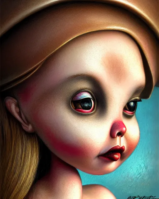 Image similar to closeup face profile portrait of a tin toy bikini girl, hyper realistic, artstation, illustration, nicoletta ceccoli, mark ryden, lostfish, max fleischer, digital paint, matte paint, vivid colors, dark, sinister, detailed and intricate environment